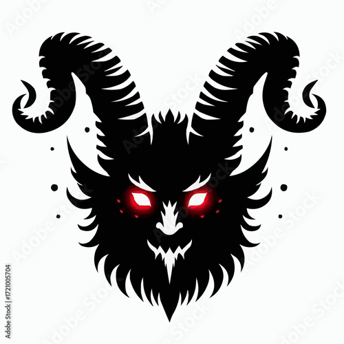 Fierce black goat head with glowing red eyes and twisted horns in a bold graphic design