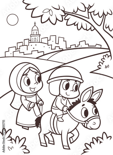 line art joseph leading mary on a donkey as they a.eps