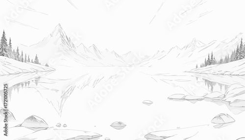 Black and white coloring page of a serene mountain landscape featuring a lake and trees