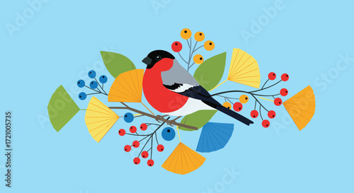 A beautiful bullfinch perched on a branch surrounded by colorful autumn leaves and berries.