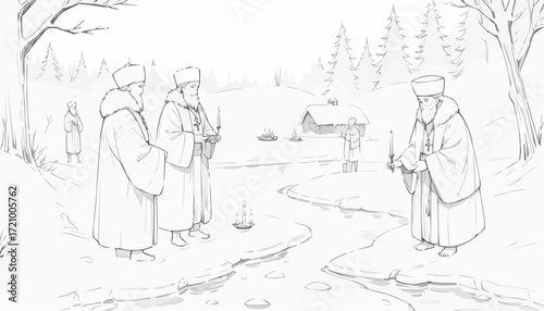 Black and white coloring page of people celebrating Epiphany by the river in a winter landscape