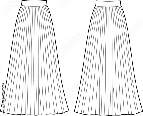 Knife pleated skirt fashion sketch, vector long skirt cad, technical flat drawing, women's apparel design, clothing illustration template