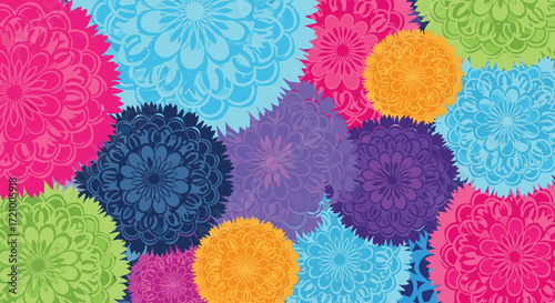 Vibrant and colorful abstract floral pattern with a playful and joyful feel.