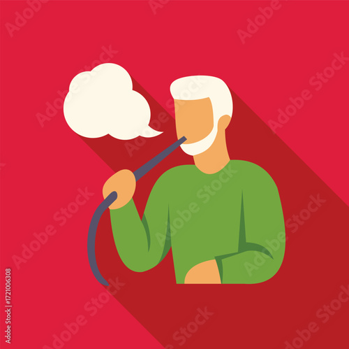Senior man enjoying traditional hookah pipe, creating a relaxing smoke cloud, showcasing cultural pastime and social activity