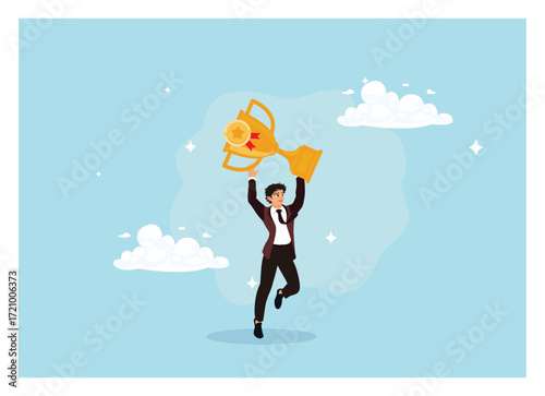 Entrepreneurs achieve success and receive gold trophies.