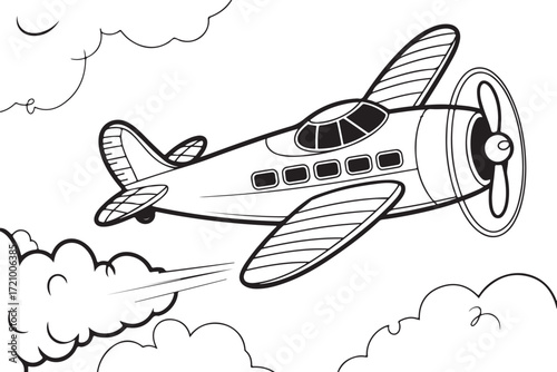 Cute Cartoon Airplane Illustration – Kids Coloring Book Style Vector