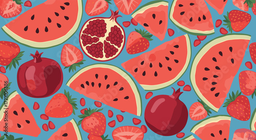 A vibrant pixel art pattern featuring sliced watermelons and fresh strawberries.
