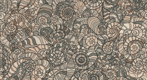 A complex and intricate pattern composed of countless small spirals and circular shapes creating a textured natural mosaic.