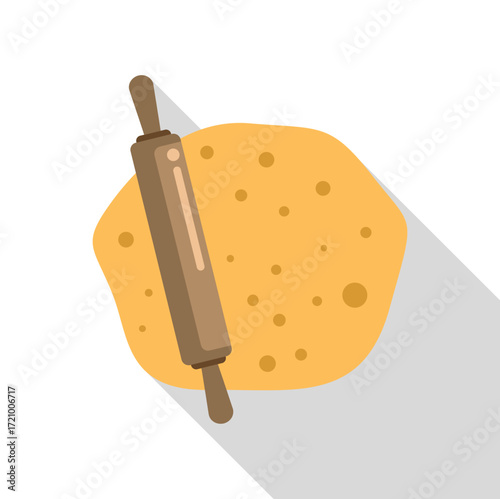 Wooden rolling pin lying on fresh dough, baking concept, preparing homemade pastry, bakery equipment
