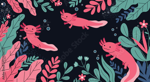 Three cute pink axolotls swimming in a dark blue ocean surrounded by underwater plants.