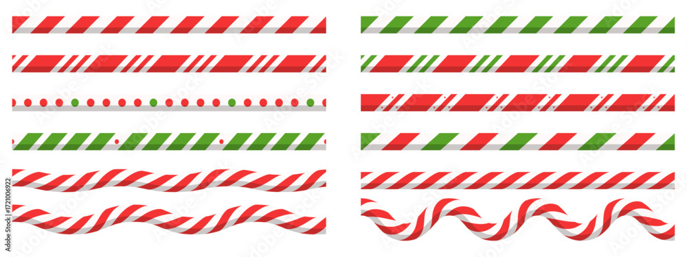 Obraz premium Xmas candy cane line borders. Red and white striped pattern for banners, dividers in lollipop style.