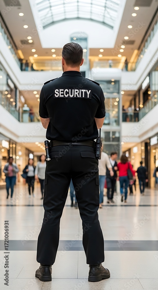 Fototapeta premium A security guard stands vigilant in a bustling shopping mall, observing the crowd, ensuring a safe environment.