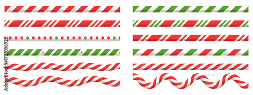 Xmas candy cane line borders. Red and white striped pattern for banners, dividers in lollipop style.