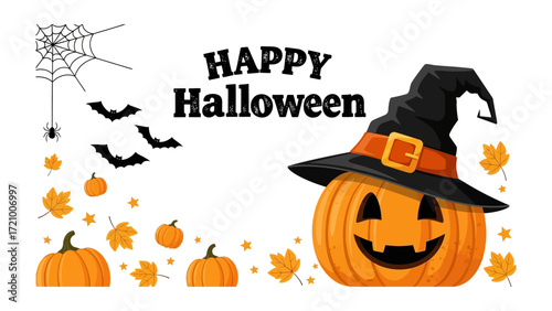 Happy Halloween: A festive Halloween scene, a grinning pumpkin, with jack-o'-lantern grin, spider web and bat silhouttes, captures the eerie yet joyful spirit of All Hallow's Eve.