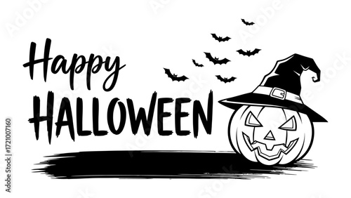 Spooky Halloween Pumpkin with Bats: An iconic, grinning pumpkin dons a witch hat, accompanied by a cluster of ominous bats against a celebratory holiday backdrop. Evoking both fright and fun.
