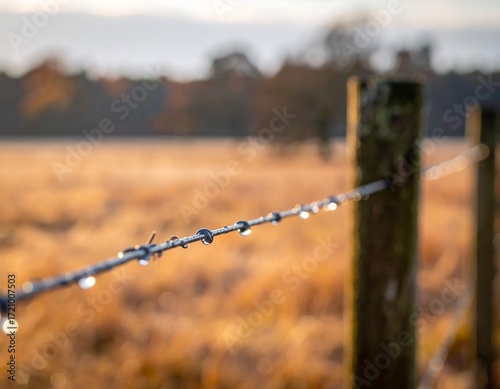 Dew-kissed barbed wire fence at dawn