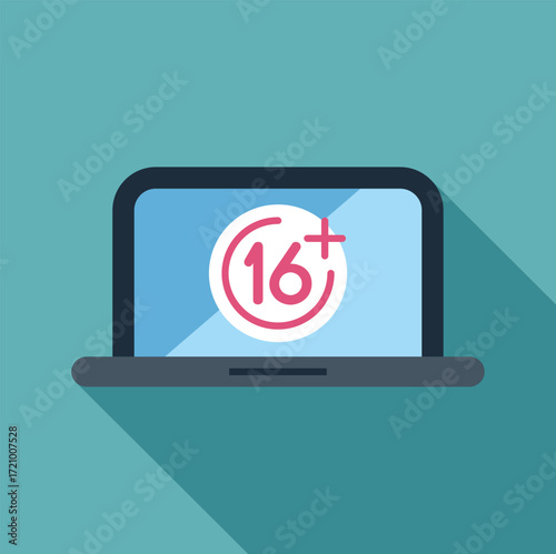 Laptop displaying sixteen plus age rating sign, concept of age restriction for websites and online content