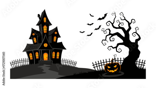 Haunted Halloween: The silhouette of a spooky haunted house with glowing windows stands next to a gnarled tree with bats, creating a chilling and evocative Halloween scene.