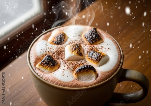 Hot chocolate with toasted marshmallows and falling snow