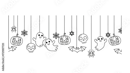 Halloween hanging decorations: A festive array of Halloween-themed decorations, including pumpkins, ghosts, skulls, stars, and bats, delicately suspended against a clean backdrop.
