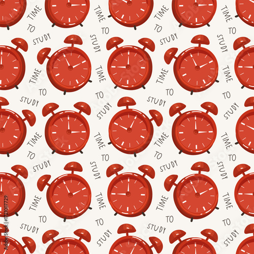 Seamless pattern with red alarm clocks and time to study quotes on a white background, vector illustration.