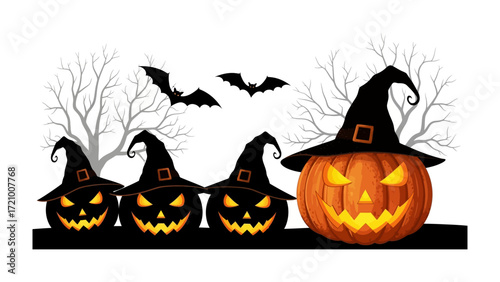 Jack-o'-Lantern Halloween Spooky Scene: A charming, yet eerie Halloween scene features glowing jack-o'-lanterns and silhouetted elements, creating a captivating, festive seasonal experience.