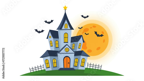 Spooky Halloween House: A stylized illustration of a haunted house under the eerie glow of a full moon, with bats adding to the mysterious ambiance, evoking the thrill of All Hallows' Eve.