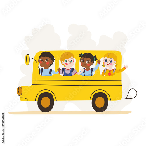 Vector illustration of a yellow school bus with funny cute school kids, for Back to School templates.