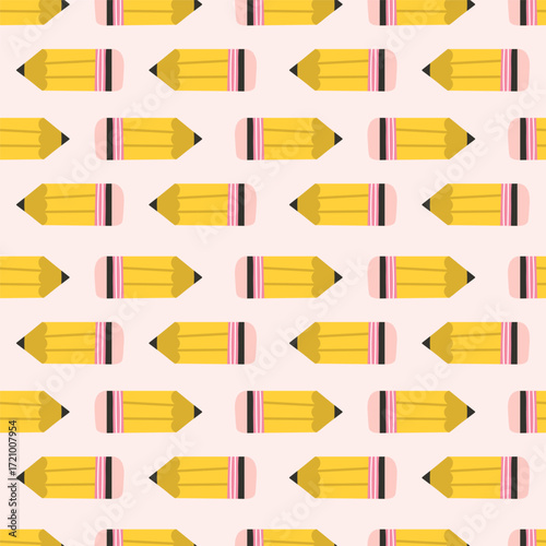 Seamless yellow pencil pattern on a light pink background. Vector illustration.