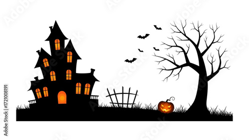 Haunted House Silhouette at Halloween: A spooky scene featuring a haunted house, bare tree, bats, and a jack-o'-lantern. Perfect for a Halloween themed event.