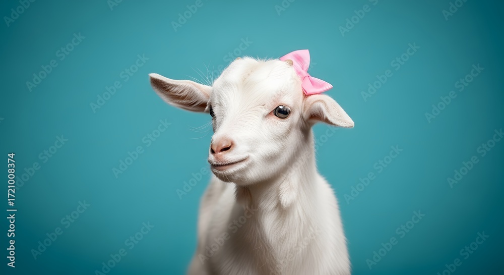 Fototapeta premium A cute young white goat with a pink bow on its head, looking to the side against a teal blue background, studio portrait