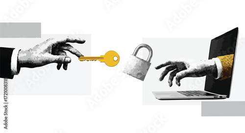 A hand extending a golden key towards a padlock, while another hand emerges from a laptop screen to grasp it, symbolizing digital security and access.