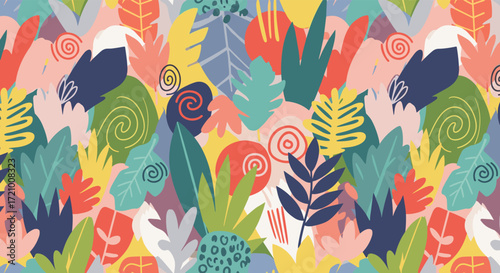 A vibrant and whimsical jungle pattern with colorful abstract leaves and stylized birds.
