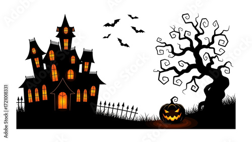 Spooky Halloween Scene: A shadowy silhouette of a haunted house, a gnarled tree, and a glowing jack-o'-lantern set against the backdrop of an evening sky, creating an atmosphere of spooky thrills.