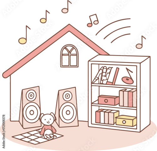 Child Listening to Music at Home – Cute Line Art Illustration