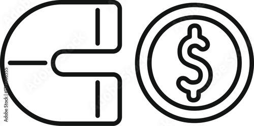 Horseshoe magnet attracting dollar coin, simple black and white business and finance vector icon