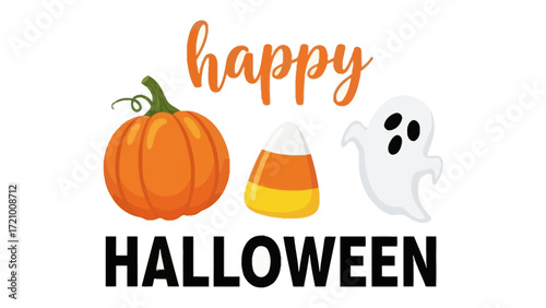 Happy Halloween Icon Set: A delightful collection of Halloween icons, featuring an orange pumpkin, candy corn, and a friendly ghost, perfectly capturing the spirit of this festive occasion.