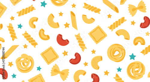 A vibrant and colorful assortment of pasta shapes and festive stars create a playful and appetizing pattern.