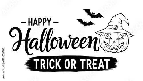 Happy Halloween Trick or Treat illustration: An festive Halloween-themed illustration with lettering Happy Halloween trick or treat, witch hat and pumpkin and flying bat