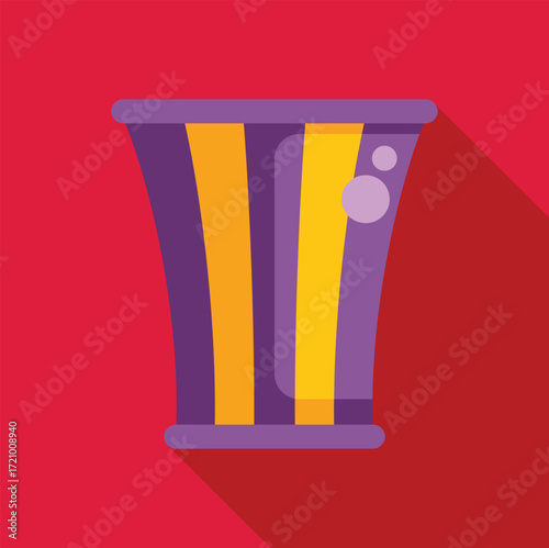 Overflowing popcorn bucket with purple and yellow stripes on red background, ready for a movie night