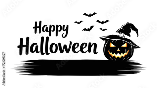 Spooky Halloween Illustration: A Halloween-themed illustration featuring a grinning jack-o'-lantern wearing a witch's hat, with the words Happy Halloween and some bats.