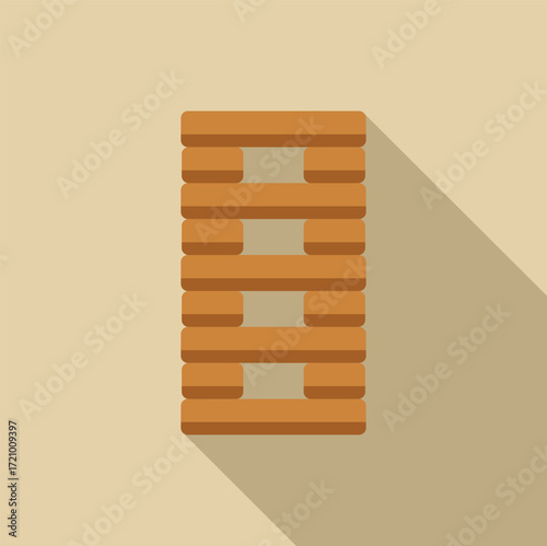 Wooden blocks stacked and forming a tower, balancing precariously, casting a long shadow on a beige background