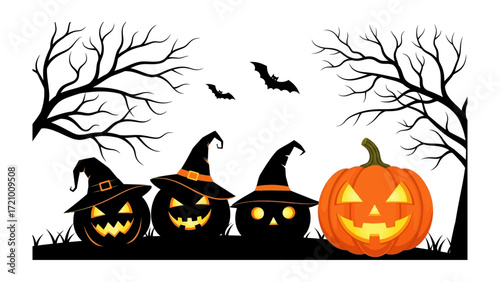 Halloween Pumpkin Trio: Capturing the spooky essence of Halloween. The carved pumpkins showcase playful, cheerful expressions with illuminated faces, are a captivating portrayal of seasonal cheer.