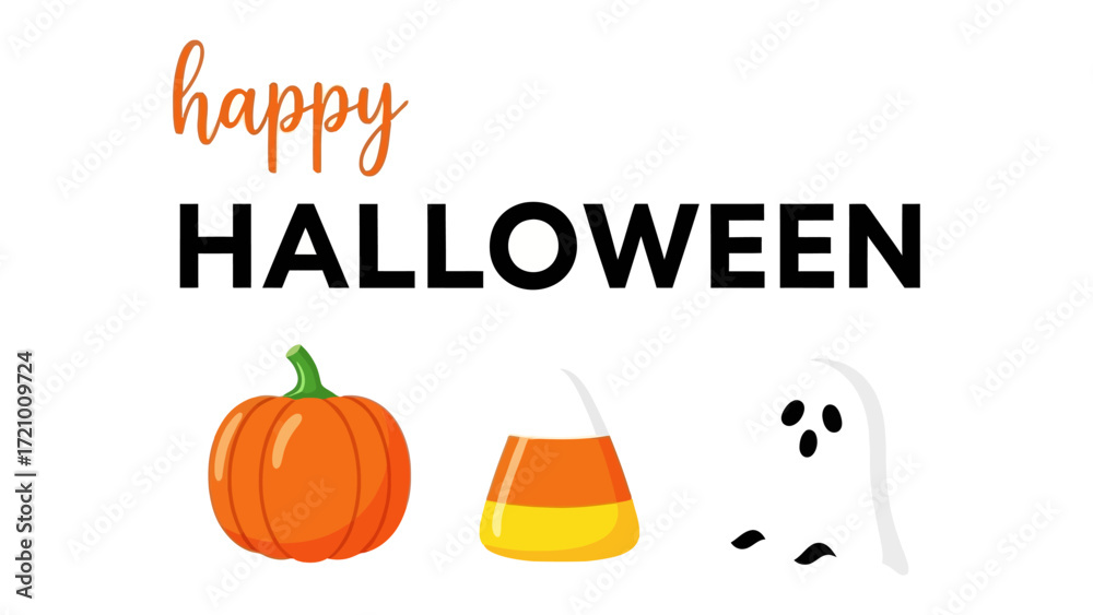 Fototapeta premium Happy Halloween: The essence of Halloween captured in a vibrant arrangement, complete with a pumpkin, candy corn, and a friendly ghost, conveying a sense of spooky fun. 