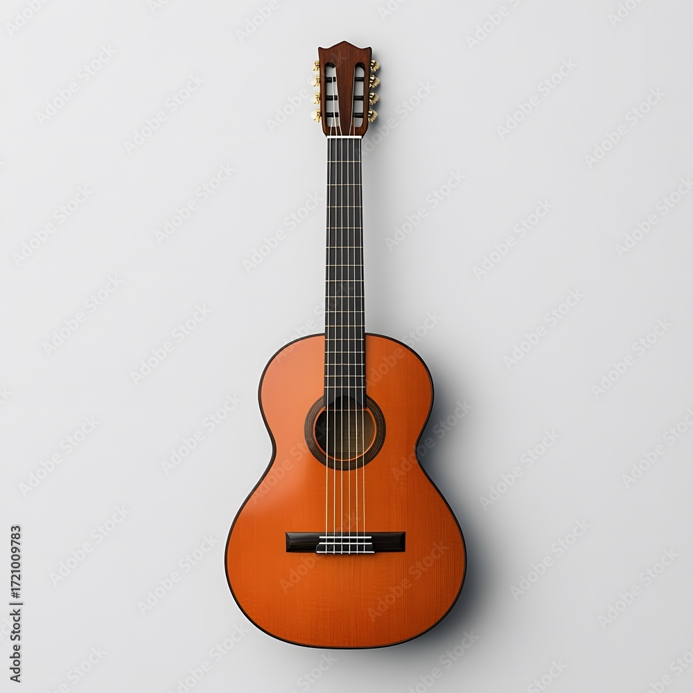 Naklejka premium Classic wooden acoustic guitar with six strings on white background