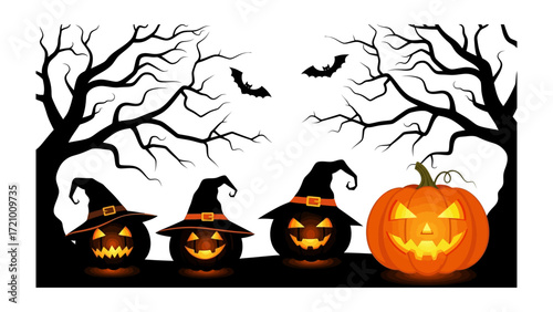 Halloween Scene: Silhouettes of spooky jack-o'-lanterns and a carving pumpkin with glowing faces under a starry night and spooky silhouette trees.