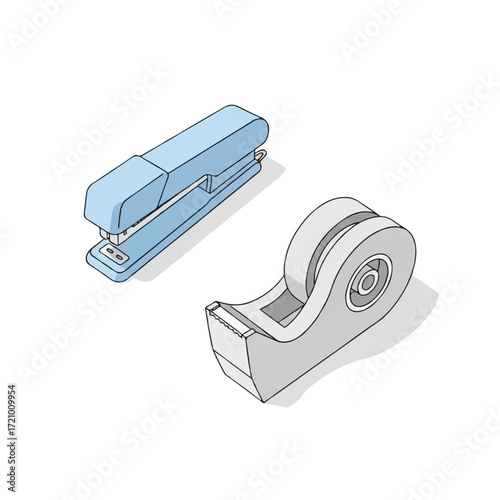 Isometric illustration of a blue stapler and a gray tape dispenser on a white background with subtle shadows.
