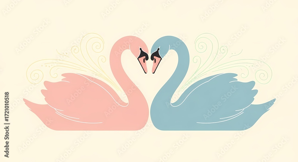 Fototapeta premium Elegant Pink and Blue Swans Forming a Heart Shape in a Whimsical Design