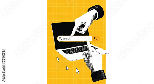 Graphic illustration of hands using a laptop computer to search the internet on a yellow grid background.