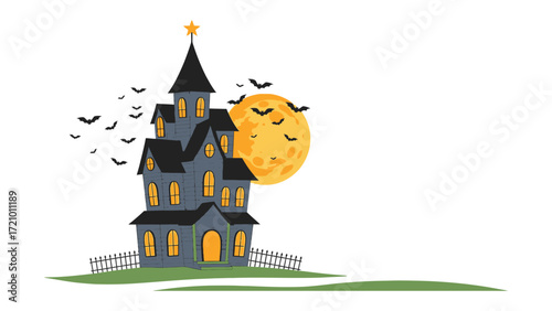 Spooky Castle Under the Moonlight: A captivating illustration presents a haunting castle, silhouetted against a moonlit sky, with bats taking flight, evoking the eerie atmosphere of Halloween night.